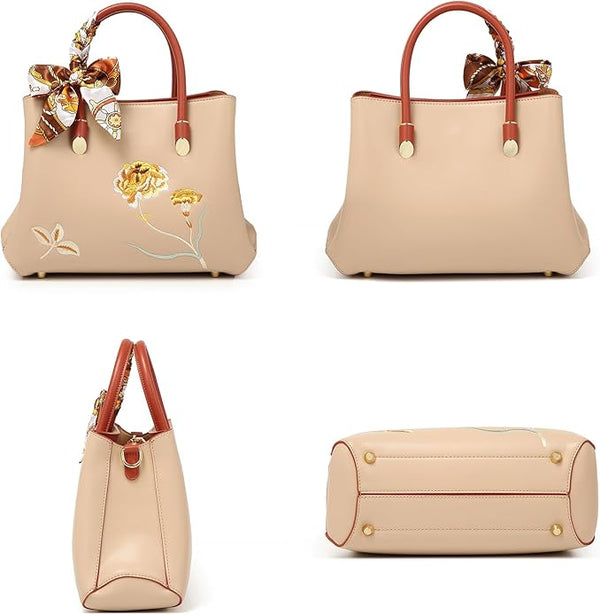 Elegant Floral Embroidered Handbag with Scarf Accent – Versatile Shoulder & Tote Bag