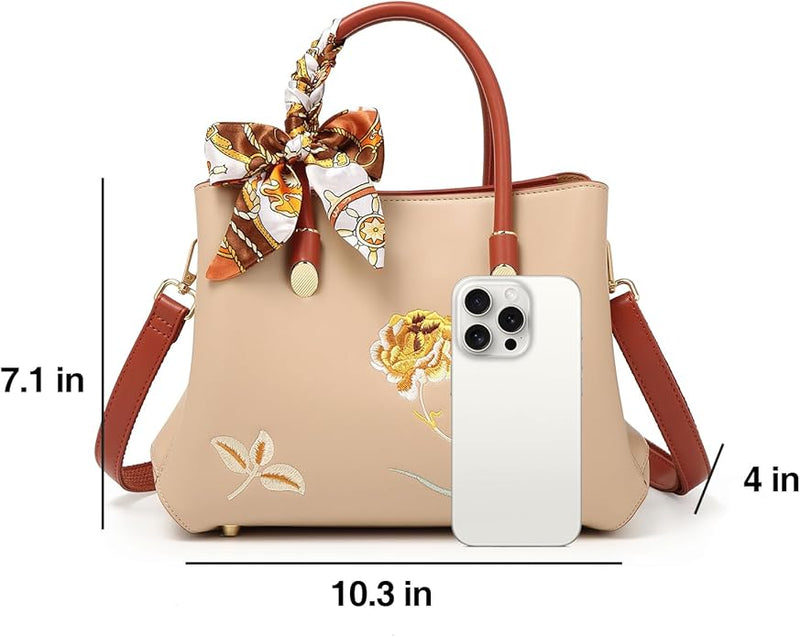 Elegant Floral Embroidered Handbag with Scarf Accent – Versatile Shoulder & Tote Bag