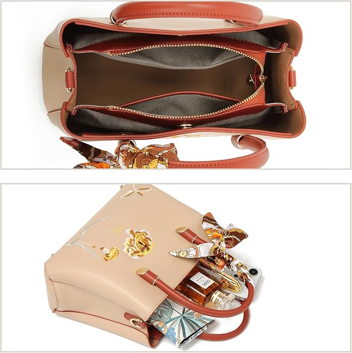 Elegant Floral Embroidered Handbag with Scarf Accent – Versatile Shoulder & Tote Bag