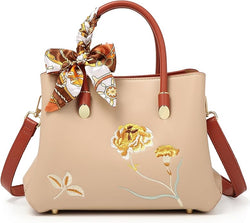 Elegant Floral Embroidered Handbag with Scarf Accent – Versatile Shoulder & Tote Bag