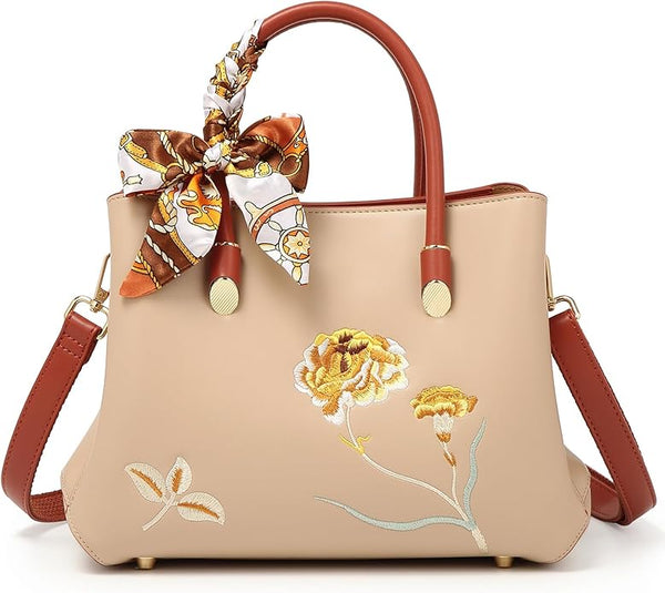 Elegant Floral Embroidered Handbag with Scarf Accent – Versatile Shoulder & Tote Bag