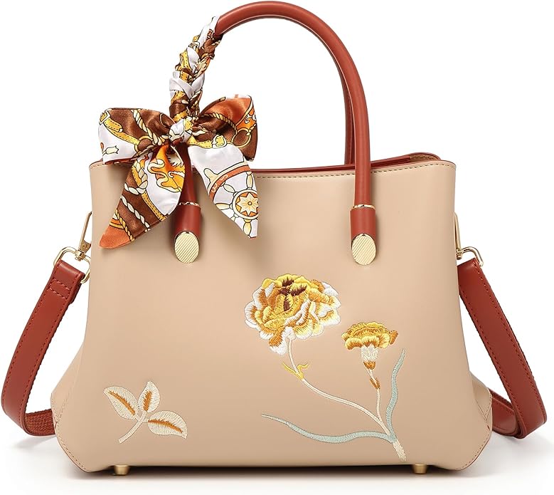 Elegant Floral Embroidered Handbag with Scarf Accent – Versatile Shoulder & Tote Bag