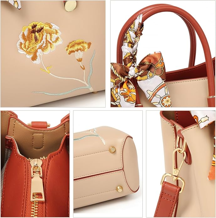 Elegant Floral Embroidered Handbag with Scarf Accent – Versatile Shoulder & Tote Bag